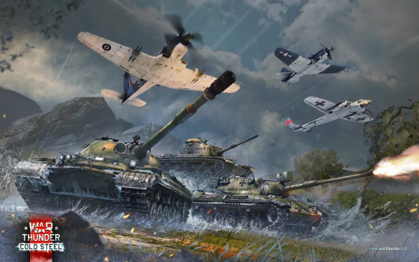 HD PC desktop wallpaper from the video game War Thunder, featuring detailed tanks firing and vintage aircraft engaged in an intense battle under a cloudy sky.