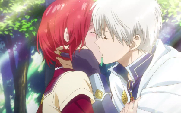 A captivating scene from Snow White With The Red Hair, featuring Shirayuki and Zen Wistalia Clarines sharing a tender kiss amidst a lush, enchanting background.