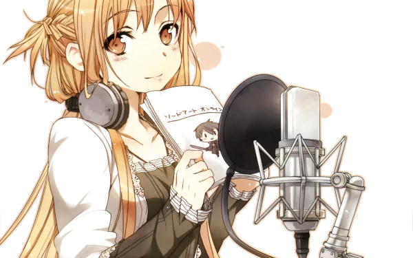 HD desktop wallpaper featuring Asuna Yuuki from Sword Art Online. The anime character is holding a script and standing behind a studio microphone, ready to record.