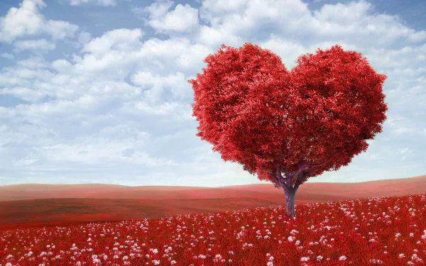 Artistic 4K Ultra HD desktop wallpaper featuring a vibrant red tree shaped like a heart standing in a red floral field under a cloudy sky.