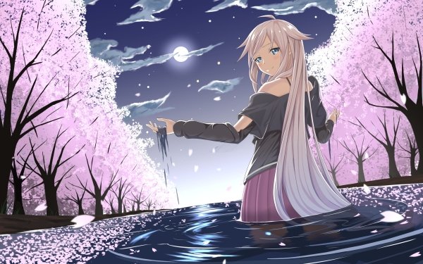 Anime Vocaloid IA Long Hair White Hair Water Cherry Blossom Skirt Moon Cloud Blue Eyes Blush HD Wallpaper | Background Image