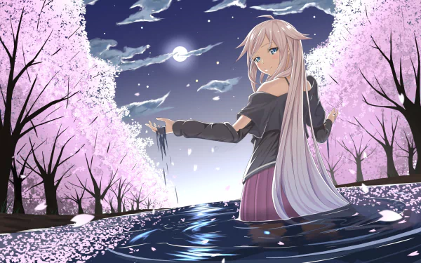 A serene anime scene featuring IA from Vocaloid, with long white hair and blue eyes, standing in water surrounded by cherry blossoms under a moonlit sky.