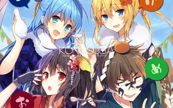 HD desktop wallpaper featuring main characters Megumin, Kazuma Satou, Darkness, and Aqua from the anime KonoSuba - God’s blessing on this wonderful world!! in a festive setting.