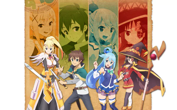 This HD desktop wallpaper features Megumin, Aqua, Kazuma Satou, and Darkness from the anime KonoSuba - God’s Blessing on This Wonderful World!!. The characters appear against a vibrant, multicolored backdrop.