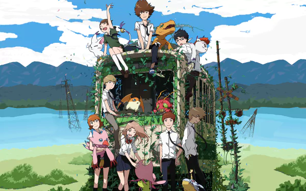 A vibrant HD desktop wallpaper featuring characters from Digimon Adventure Tri, including Joe Kido, Izzy Izumi, Mimi Tachikawa, Sora Takenouchi, Yamato Ishida, Takeru Takaishi, and Taichi Yagami.