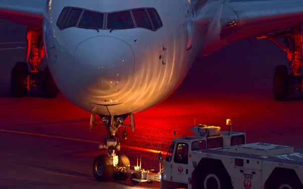 A nighttime scene at the airport featuring a close-up of an airplane's nose, illuminated by subtle red lights, with a tug vehicle preparing for departure. HD desktop wallpaper image.