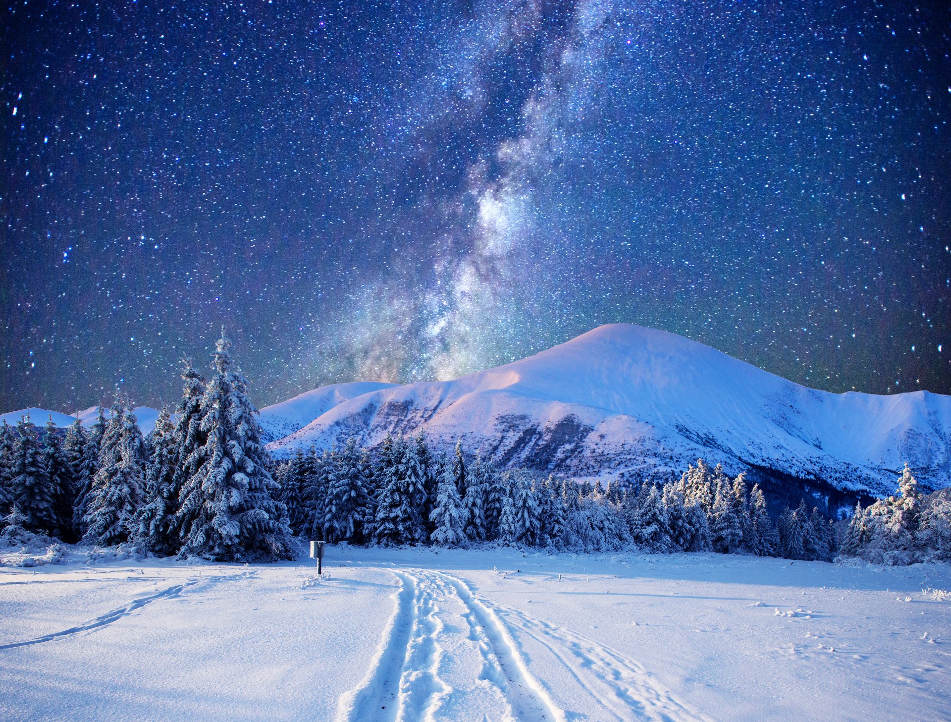 Winter Landscape With Mountains And Starry Sky