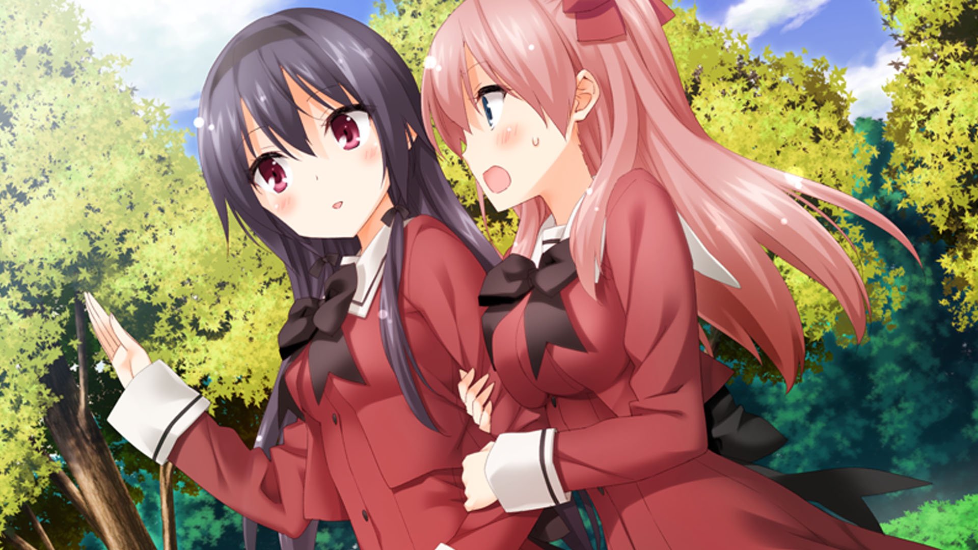Anime HD PC desktop wallpaper: A Kiss For The Petals - Remembering How We Met — two schoolgirls in red uniforms embrace outdoors beneath a blue sky.