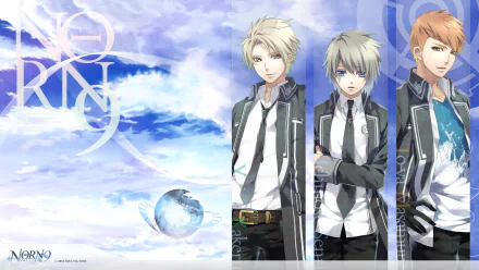 HD wallpaper featuring characters Senri Ichinose, Masamune Tōya, and Kakeru Yuiga from the anime Norn9: Norn + Nonette against a serene background.