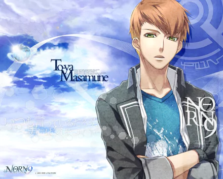 HD anime desktop wallpaper featuring Masamune Tōya from Norn9: Norn + Nonette, set against a sky-blue background with text and subtle mechanical design elements.