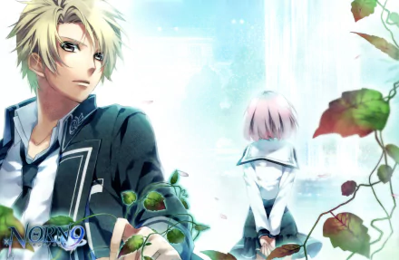 Koharu and Kakeru Yuiga from Norn9: Norn + Nonette share a moment in this HD wallpaper, featuring a dreamy background with lush vines and a serene atmosphere.