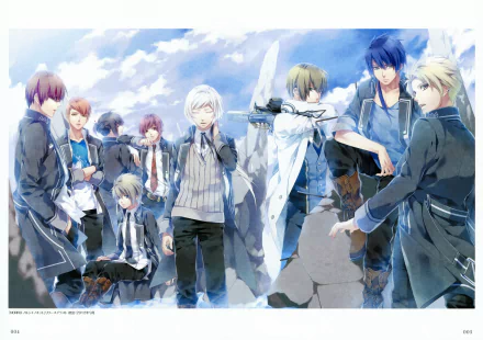 An 8K Ultra HD anime wallpaper featuring characters from Norn9: Norn + Nonette, including Akito Shukuri, Heishi Otomaru, and Masamune Tōya, set in a vibrant, dynamic landscape.