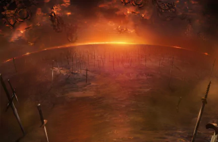 A stunning HD wallpaper from the anime Fate/Stay Night, featuring a dramatic sunset over a landscape filled with swords, evoking a sense of epic fantasy and conflict.