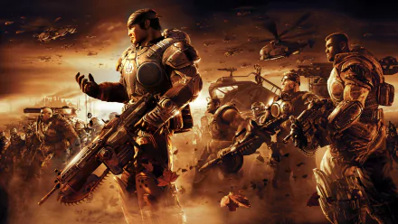 An HD desktop wallpaper featuring characters from Gears of War 2, set against a dramatic backdrop of battle with helicopters and explosions in a gritty, atmospheric scene.