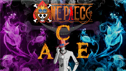 HD desktop wallpaper featuring Portgas D. Ace from One Piece, with vibrant purple and blue abstract designs, flames spelling out ACE, and the One Piece logo above.