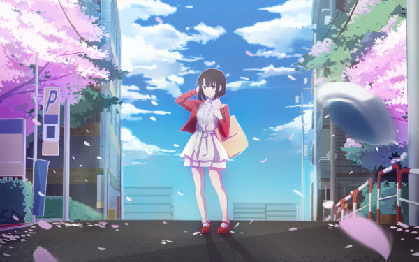 A character with short brown hair stands in a vibrant sakura-filled street, wearing a dress and holding a bag, from the anime *Saekano: How to Raise a Boring Girlfriend*.