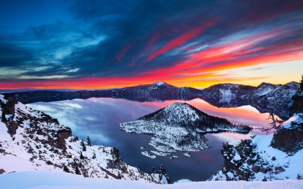 Nature Crater Lake Winter Oregon Snow Sunrise Sunset Forest Lake Sky HD Wallpaper | Background Image