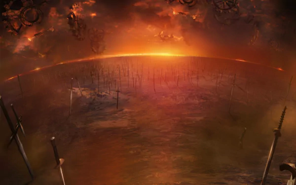 A stunning HD wallpaper from the anime Fate/Stay Night, featuring a dramatic sunset over a landscape filled with swords, evoking a sense of epic fantasy and conflict.