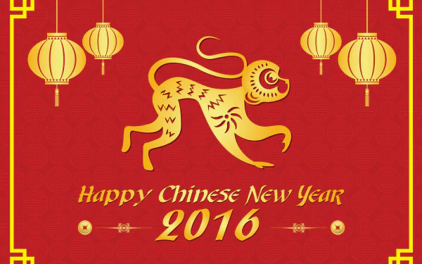 HD desktop wallpaper featuring a golden monkey and lanterns on a red background, celebrating the 2016 Chinese New Year holiday.