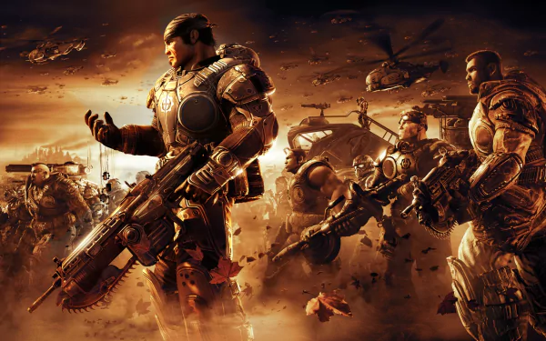An HD desktop wallpaper featuring characters from Gears of War 2, set against a dramatic backdrop of battle with helicopters and explosions in a gritty, atmospheric scene.