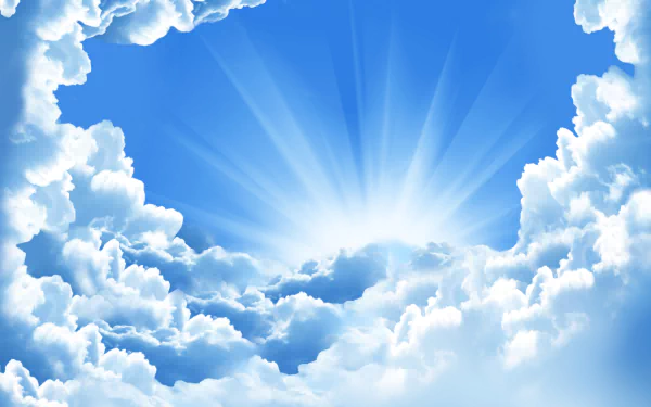 HD desktop wallpaper featuring a stunning display of sunshine breaking through fluffy clouds in a clear blue sky, showcasing the beauty of nature.