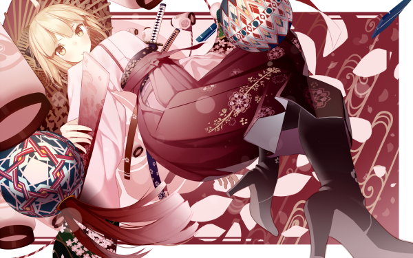 Anime Fate/Grand Order Fate Series Saber Lily Short Hair Blondinen Japanese Clothes Katana Waffe Blush Yellow Eyes Saber Kimono Boots Thigh Boots Skirt Okita Sōji HD Wallpaper | Hintergrund