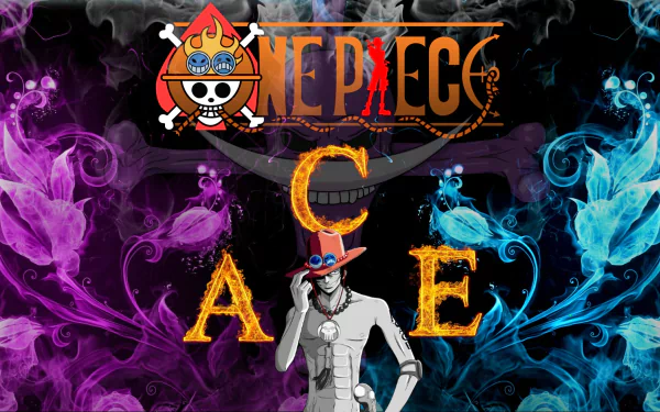 HD desktop wallpaper featuring Portgas D. Ace from One Piece, with vibrant purple and blue abstract designs, flames spelling out ACE, and the One Piece logo above.