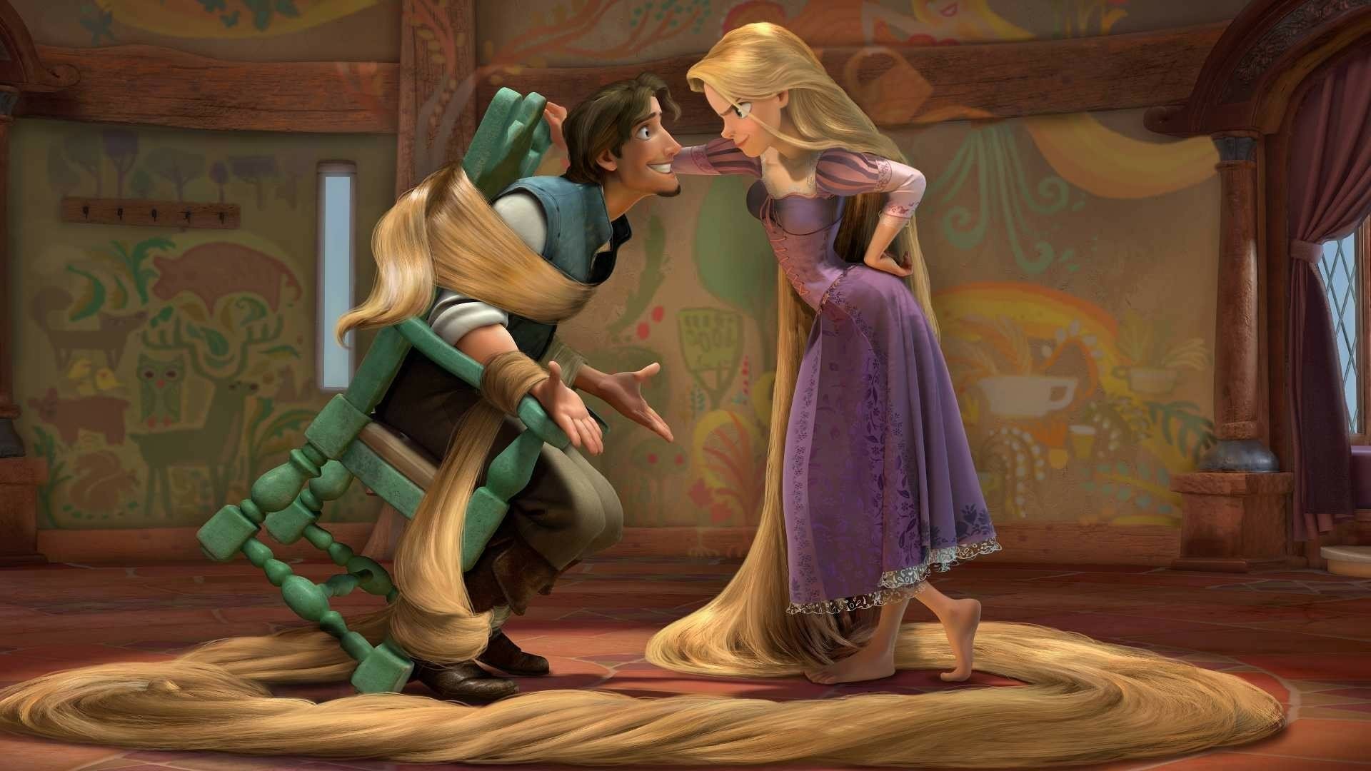 Movie Tangled HD PC desktop wallpaper: Rapunzel and Flynn lean playfully toward each other in the tower, Rapunzel’s long braided hair coiled around their feet.