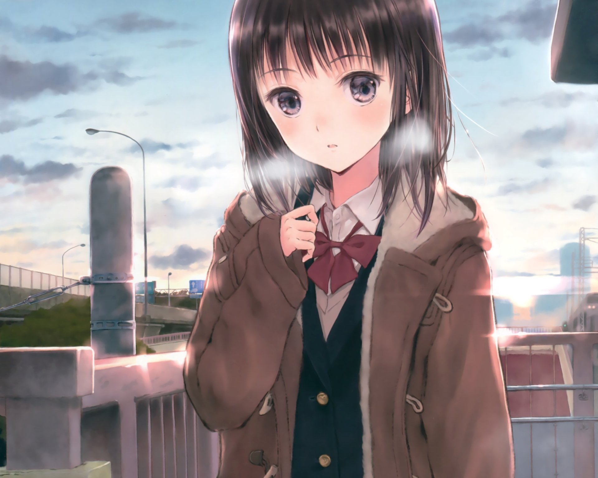 A young girl with black hair and black eyes wears a school uniform and a bow, set against a scenic background. This anime-style HD wallpaper captures a serene moment.