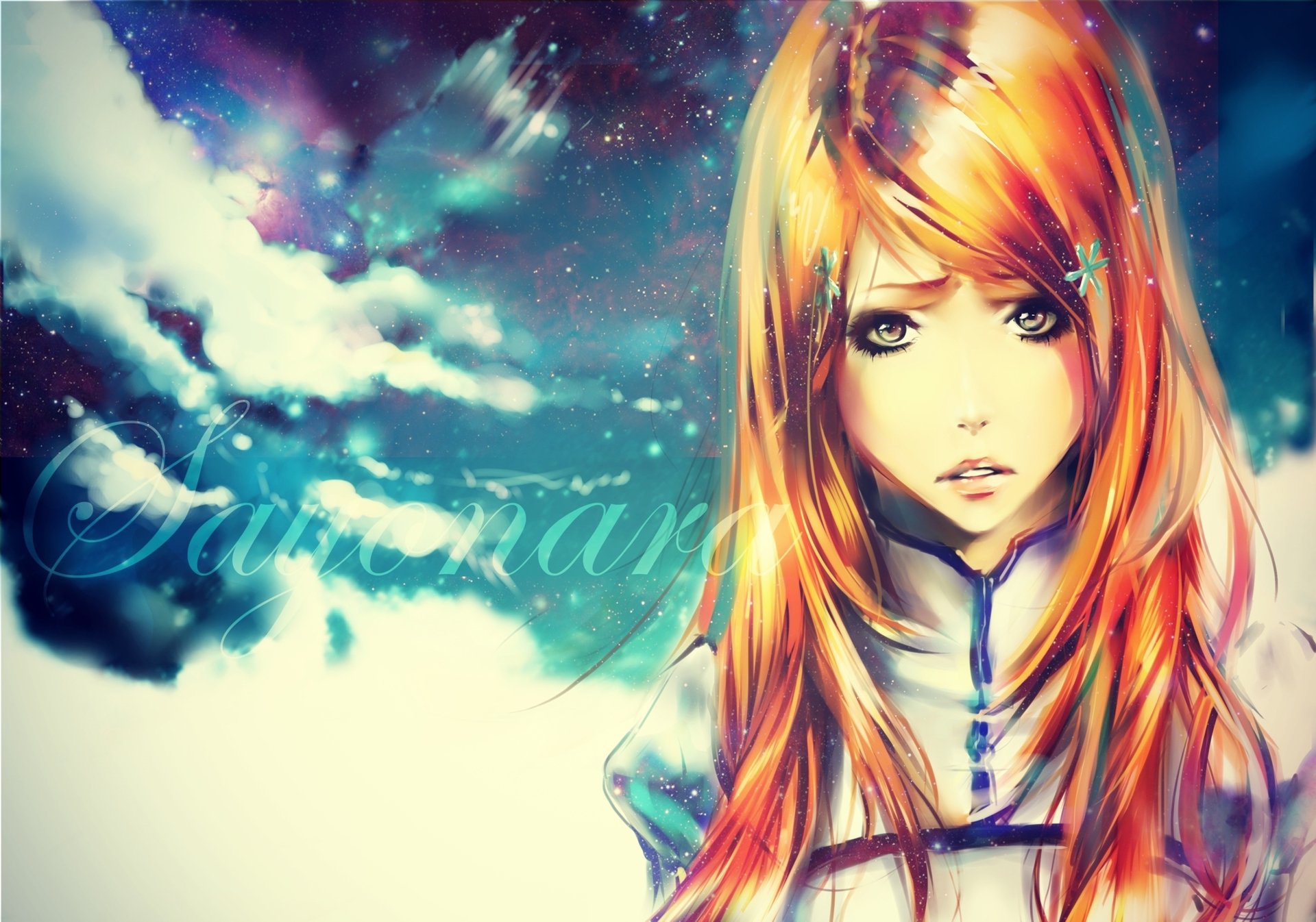 HD PC desktop wallpaper featuring Orihime Inoue from the anime Bleach against a vibrant cloudy sky background.