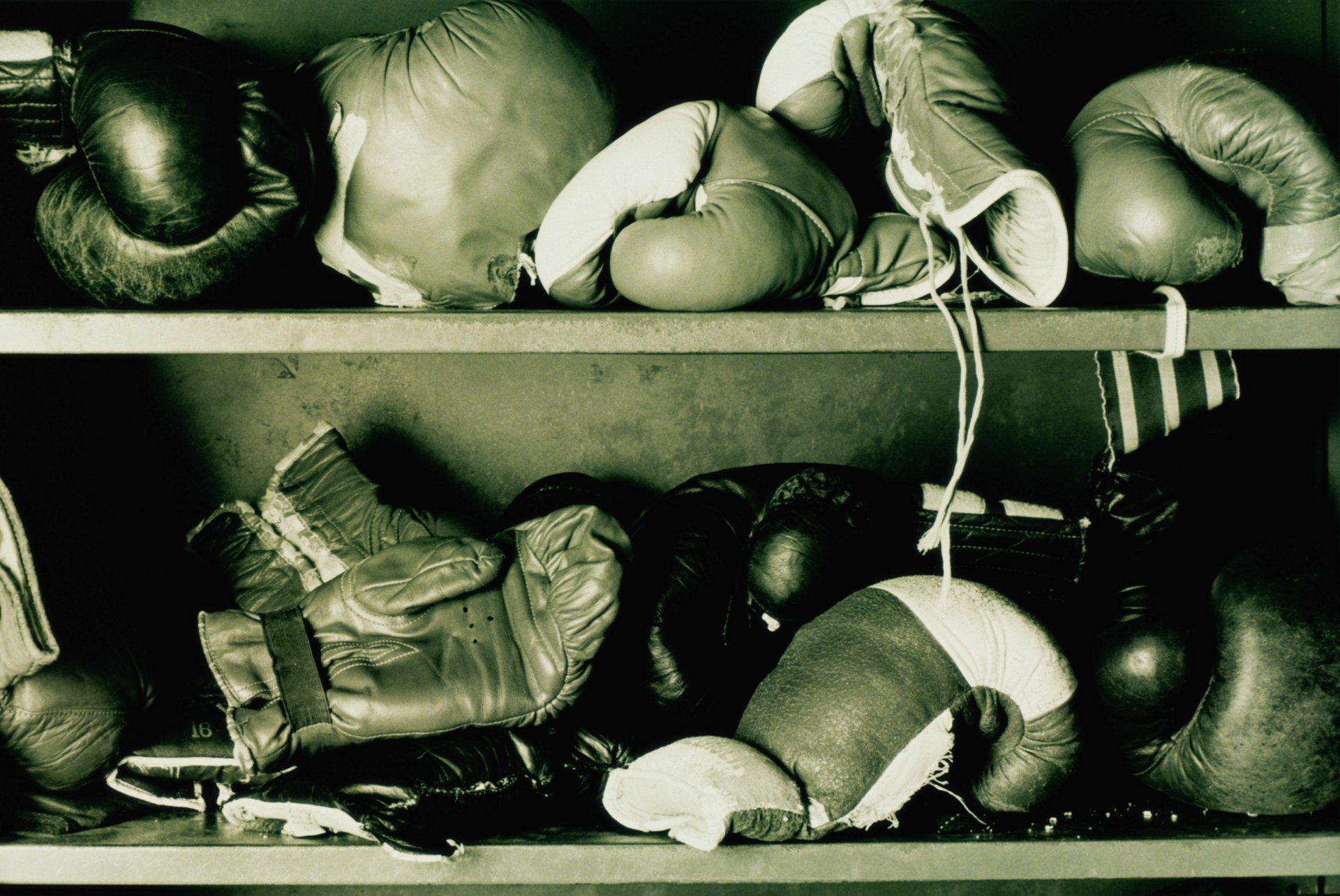 Vintage boxing gloves displayed on shelves, captured in a detailed 4K Ultra HD PC desktop wallpaper highlighting the sport's rich history and spirit.