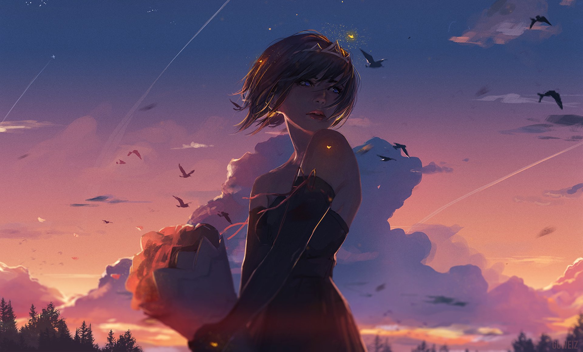 A captivating fantasy-themed image featuring a woman in a black dress, set against a vibrant sunset sky with clouds and birds, making for an enchanting HD desktop wallpaper.