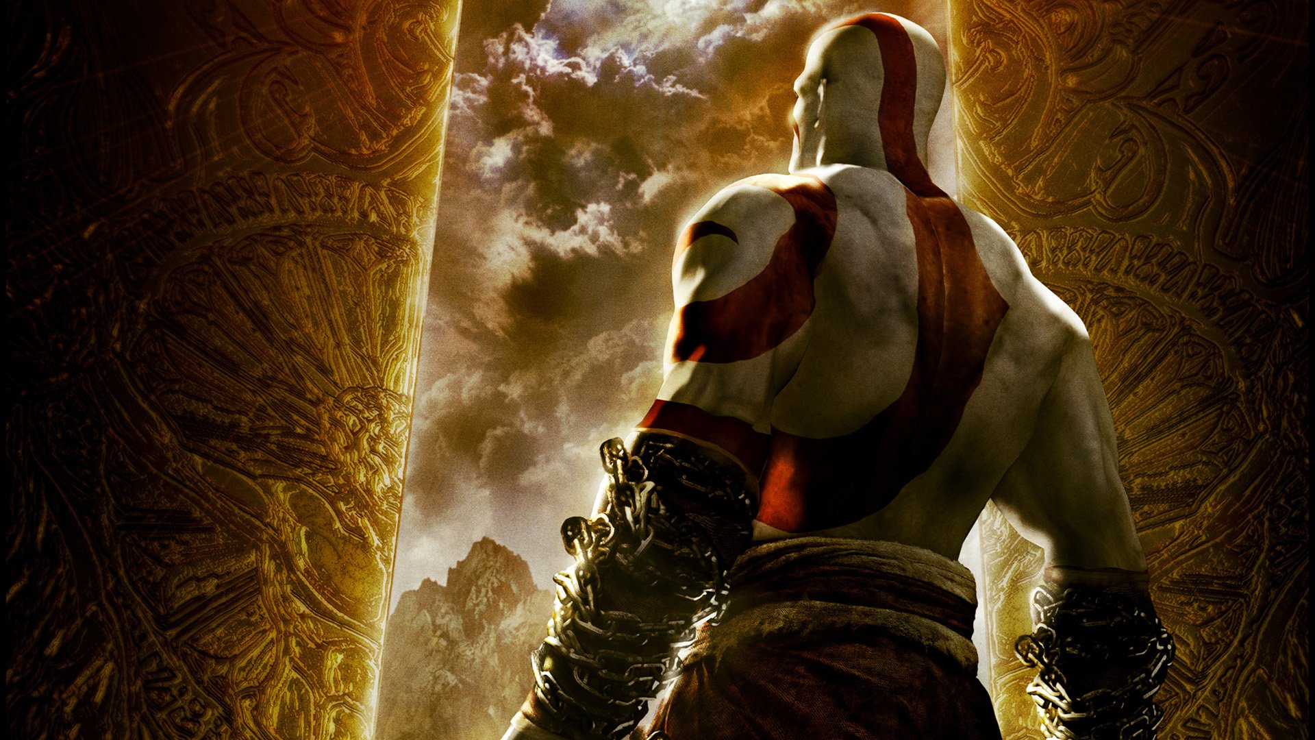 A striking HD wallpaper featuring Kratos from the video game God of War, poised in a dramatic landscape with golden patterns framing the ominous clouds behind him.