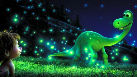 HD desktop wallpaper of The Good Dinosaur movie featuring a glowing green dinosaur and a young boy amidst a field of sparkling lights at night.
