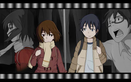 HD desktop wallpaper featuring Satoru Fujinuma and Kayo Hinazuki from the anime Erased (Boku Dake Ga Inai Machi). The background includes dramatic scenes from the series, emphasizing the story's suspenseful atmosphere.