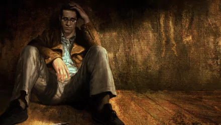 HD PC desktop wallpaper featuring a character from the video game Silent Hill: Shattered Memories sitting against a textured, dimly lit wall.