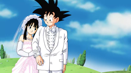 Goku and Chi-Chi from Dragon Ball stand together in a vibrant outdoor setting, dressed in wedding attire, capturing a heartfelt moment from the anime.