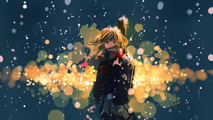 HD anime wallpaper of a girl with flowing hair and scarf, standing amidst glowing lights and falling snowflakes, creates a magical and serene nighttime scene.