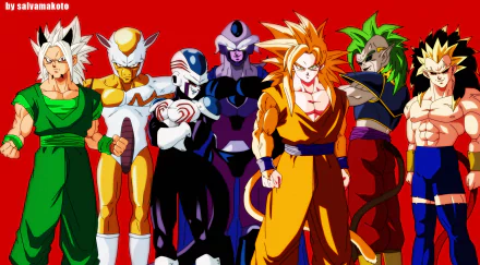 A vibrant HD desktop wallpaper featuring iconic characters from Dragon Ball, including Goku, Zaiko, Segah, Ize, Cyborg, Vesanus, and Rigor, set against a bold red background.
