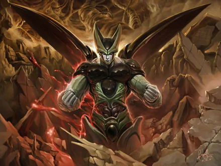 A striking HD desktop wallpaper featuring Cell from Dragon Ball Z, showcasing his powerful presence amidst a dramatic, rocky background in this dynamic anime scene.