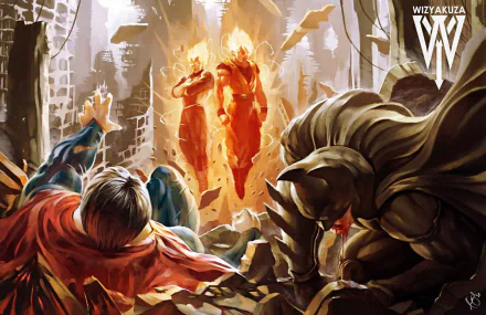 HD desktop wallpaper featuring Goku and Vegeta from Dragon Ball standing amidst ruins, while Superman and Batman appear in the foreground. This dynamic anime-crossover background showcases a dramatic encounter.