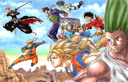 A vibrant HD desktop wallpaper featuring an epic crossover of Jotaro Kujo, Ichigo Kurosaki, Gon Freecss, Goku, Tony Tony Chopper, Monkey D. Luffy, and Naruto Uzumaki from popular anime series.