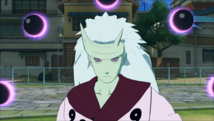 High-definition wallpaper featuring Rikudou Madara Uchiha from Naruto Shippuden: Ultimate Ninja Storm 4, surrounded by glowing orbs in a vibrant urban setting.