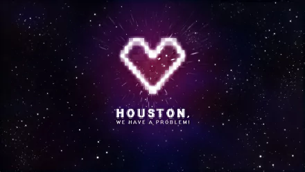 Artistic HD desktop wallpaper featuring a glowing heart against a cosmic background, with the text Houston, we have a problem. Captures themes of Valentine's Day and love.