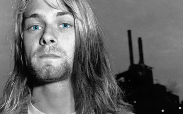 Black-and-white close-up of a long-haired musician's face with striking blue eyes, moody HD PC desktop wallpaper/background evoking grunge-era music.