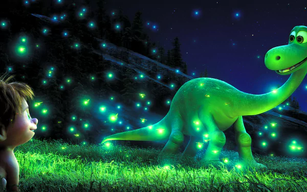 HD desktop wallpaper of The Good Dinosaur movie featuring a glowing green dinosaur and a young boy amidst a field of sparkling lights at night.