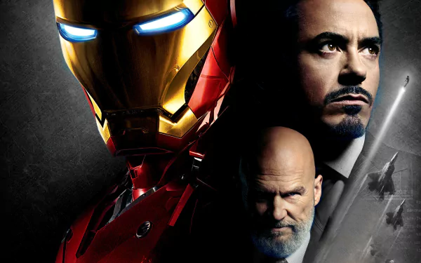 HD PC desktop wallpaper featuring Iron Man in his suit alongside Tony Stark and Obadiah Stane, with actor portraits of Robert Downey Jr. and Jeff Bridges from the Iron Man movie.