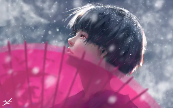 A stunning HD desktop wallpaper featuring a character with short black hair, holding a pink umbrella, surrounded by a serene snowy backdrop, inspired by the comic GhostBlade.