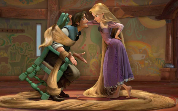 Movie Tangled HD PC desktop wallpaper: Rapunzel and Flynn lean playfully toward each other in the tower, Rapunzel’s long braided hair coiled around their feet.