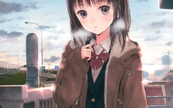 A young girl with black hair and black eyes wears a school uniform and a bow, set against a scenic background. This anime-style HD wallpaper captures a serene moment.